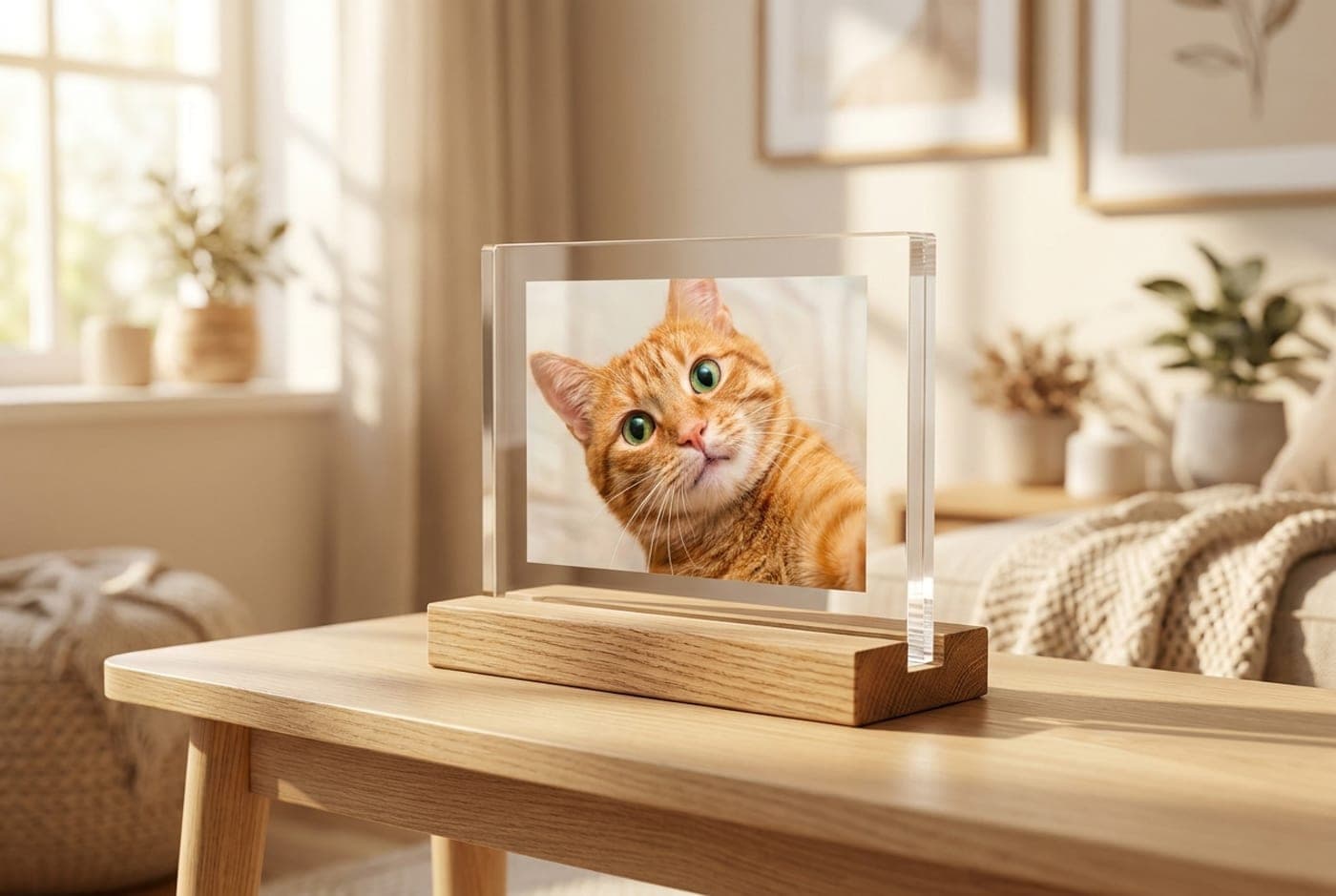 Plaque acrylique d'un chat roux enjoué sur socle de bois dans un salon lumineux