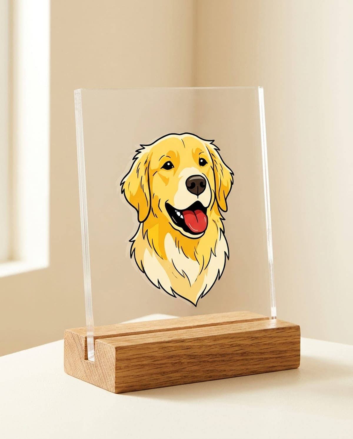 Plaque acrylique d'un portrait illustré de golden retriever — style ligne claire, aplats vifs