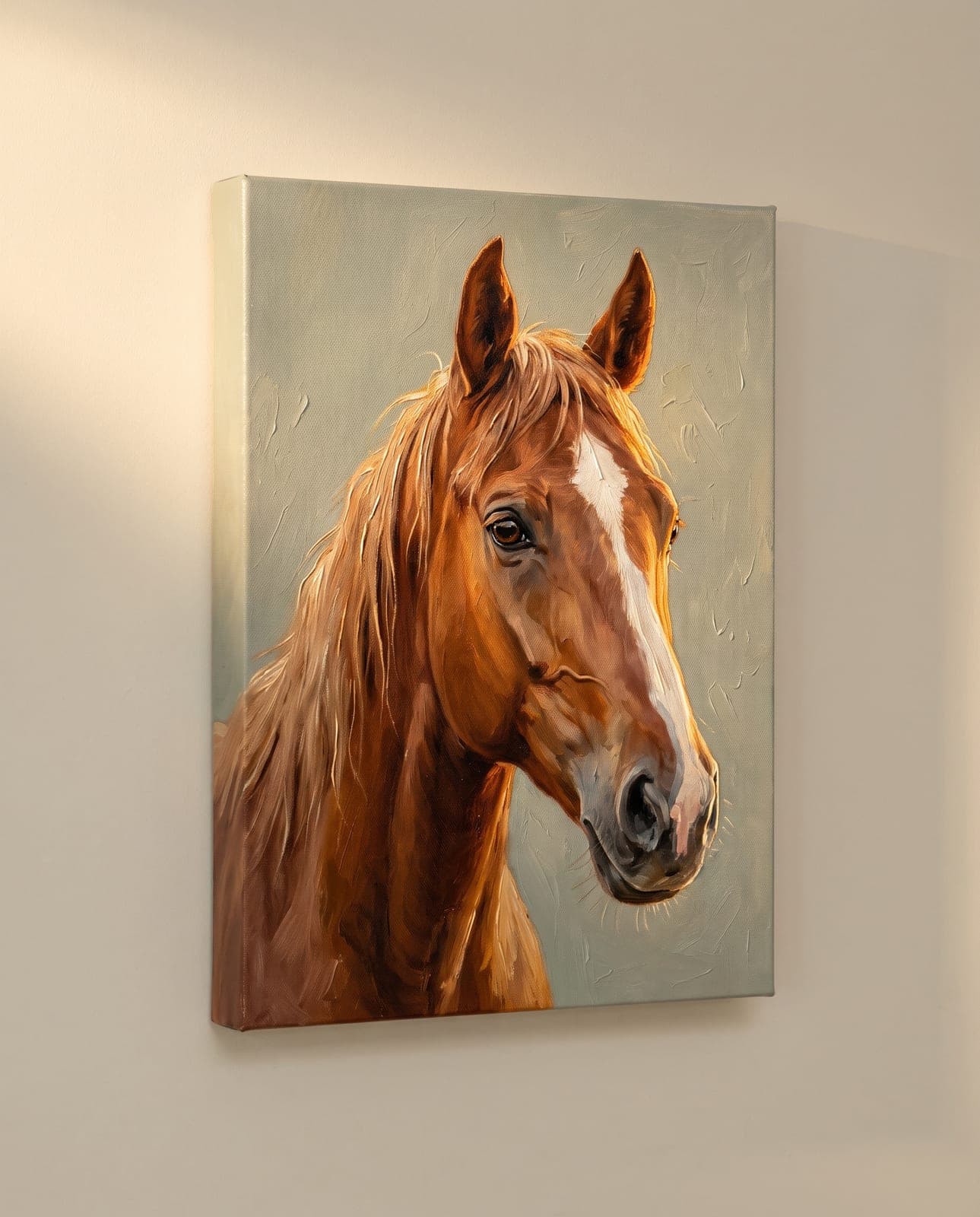 Portrait d'un cheval alezan sur toile d'artiste — crinière rehaussée d'un relief d'encre délicat
