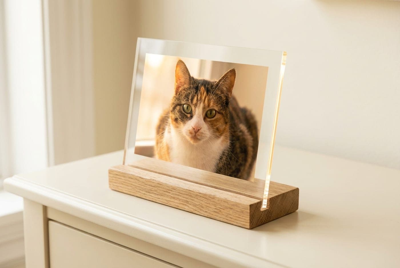 Plaque acrylique transparente d'un chat, sur socle de bois, posée sur une console claire — la photo semble flotter dans le verre