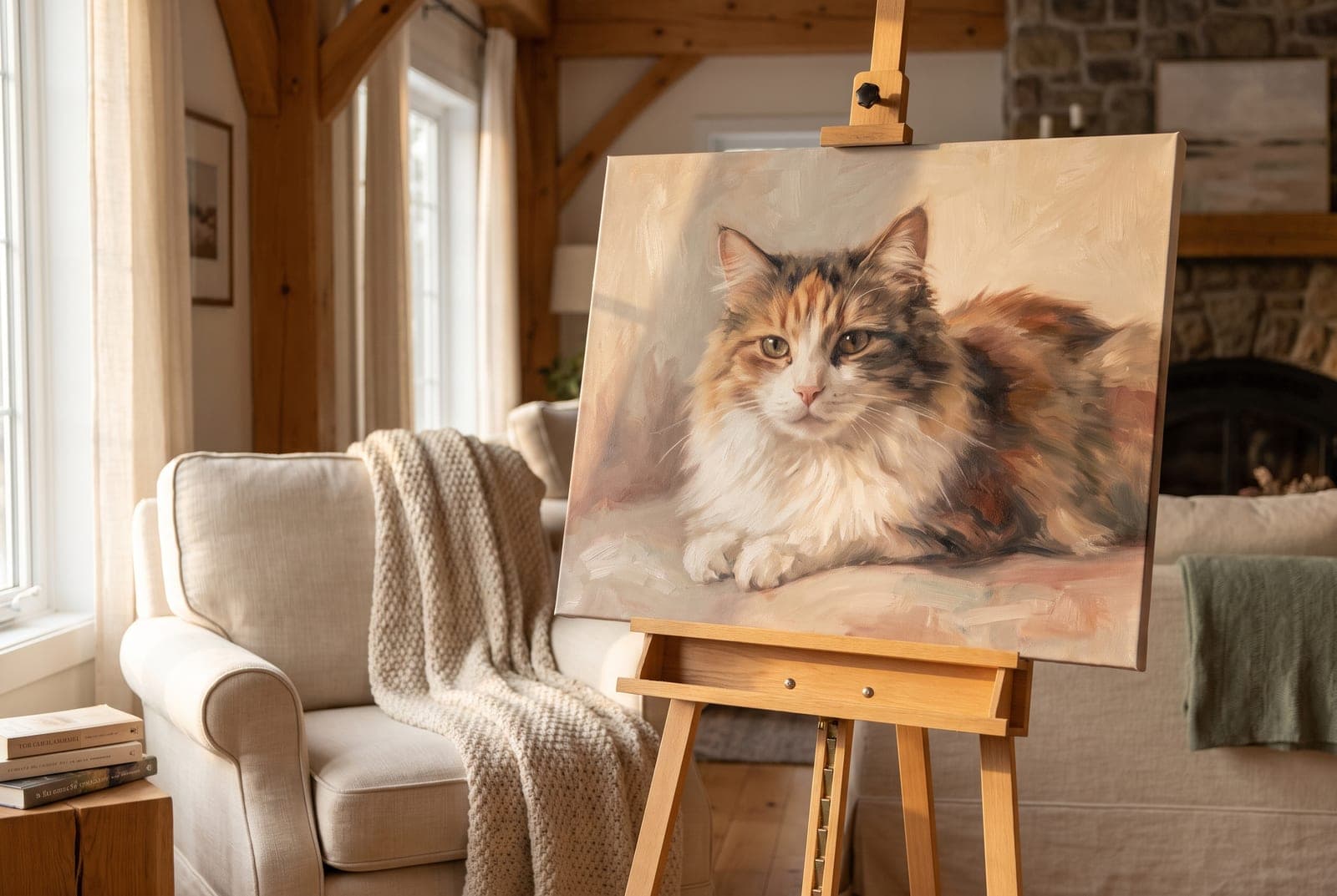 Toile d'artiste d'un chat calico posée sur un chevalet de bois dans un salon chaleureux