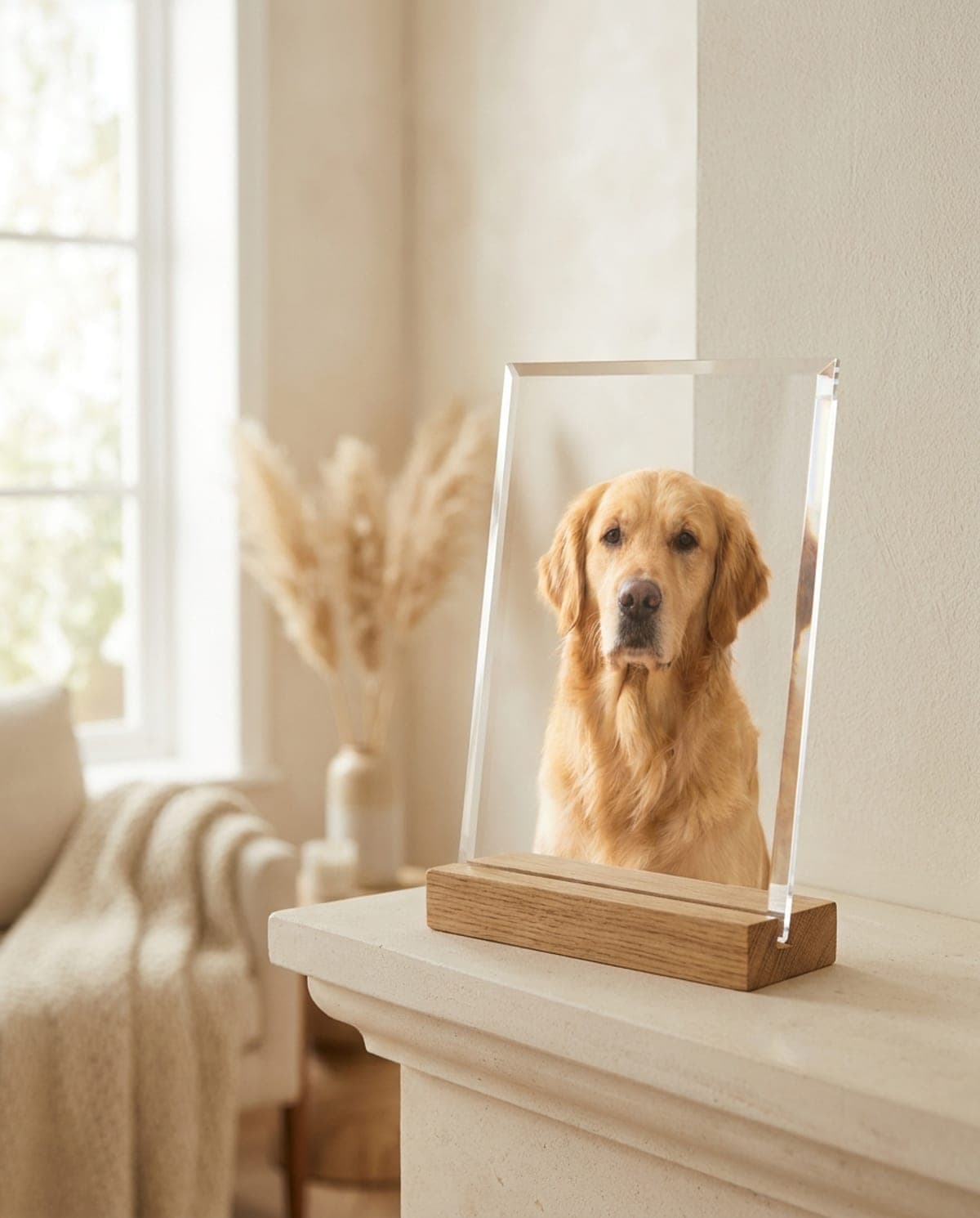 Plaque acrylique transparente d'un golden retriever, dressée sur son socle de bois sur un manteau de cheminée crème