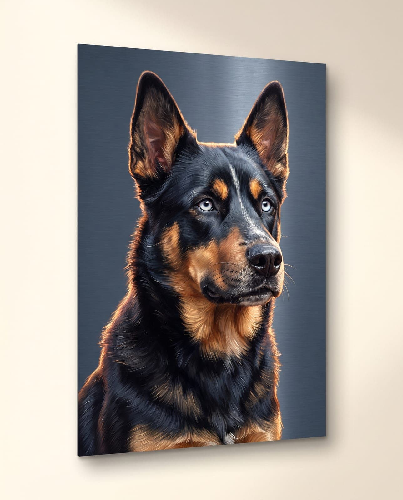 Plaque d'aluminium brossé — portrait lumineux d'un chien croisé husky-rottweiler aux yeux bleus