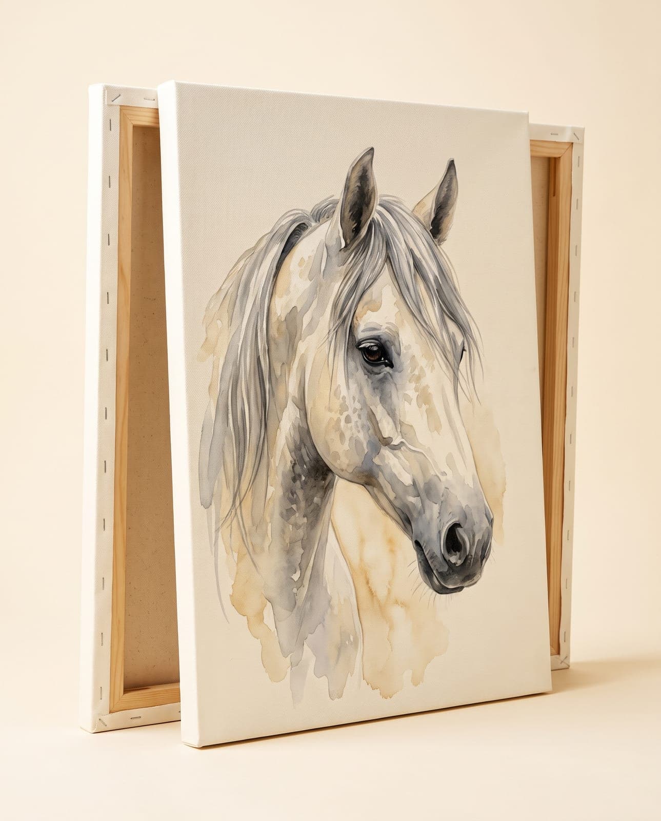 Toile tendue sur châssis de bois — portrait de cheval gris à l'aquarelle