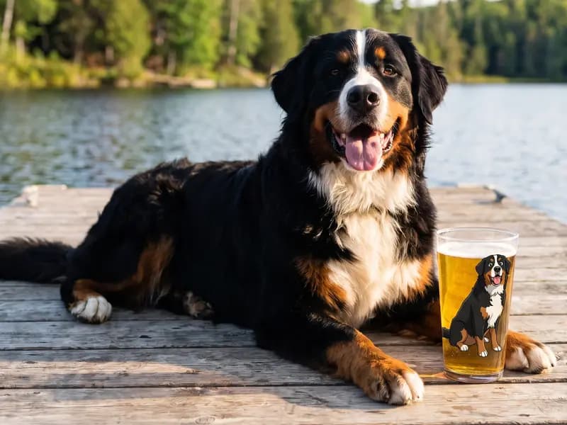 Un bouvier bernois couché sur un quai au bord d'un lac, à côté d'un verre de bière imprimé à son image