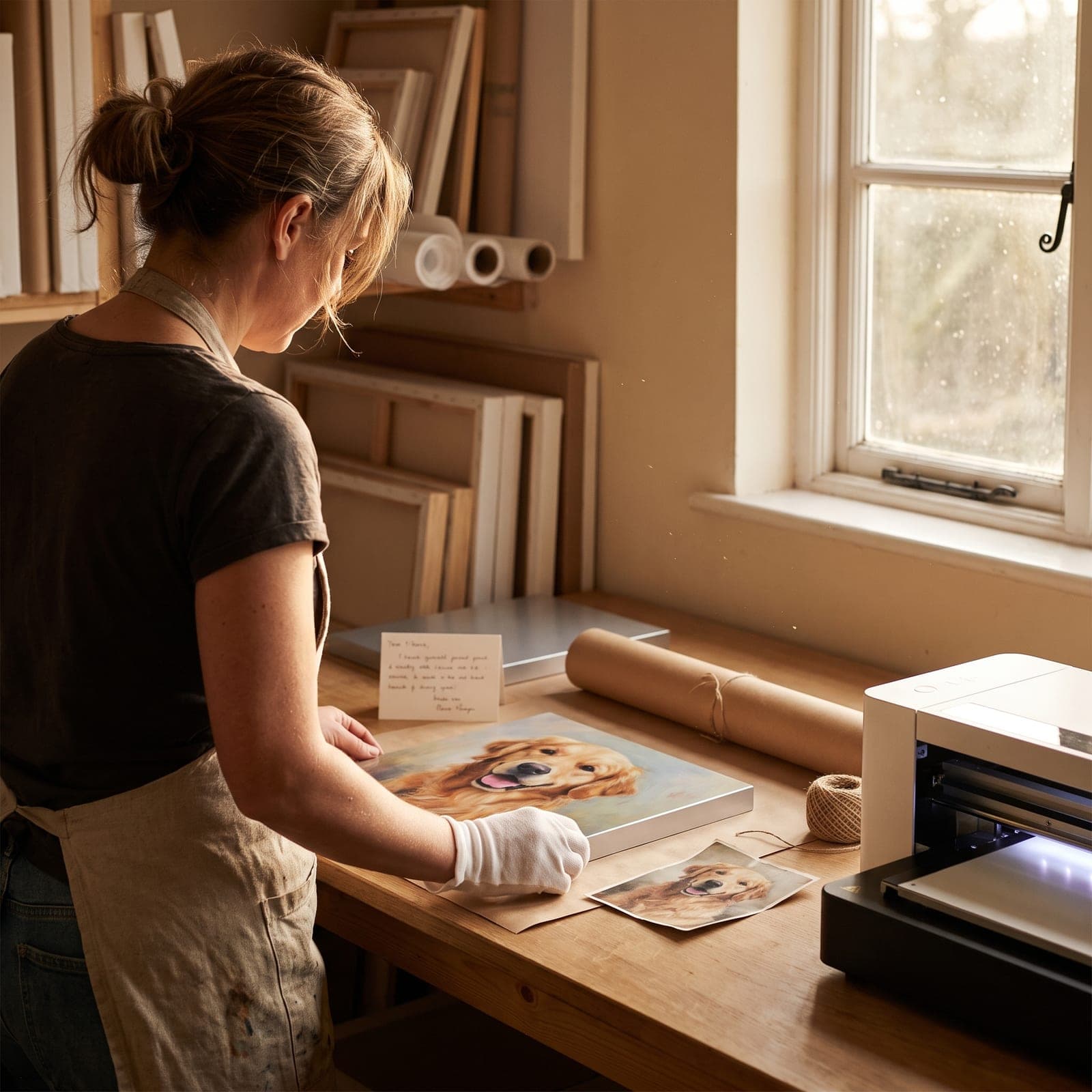 Dans l'atelier, une artisane prépare une commande avec soin : l'œuvre est comparée à la photo originale de l'animal, gants blancs et emballage kraft à portée de main