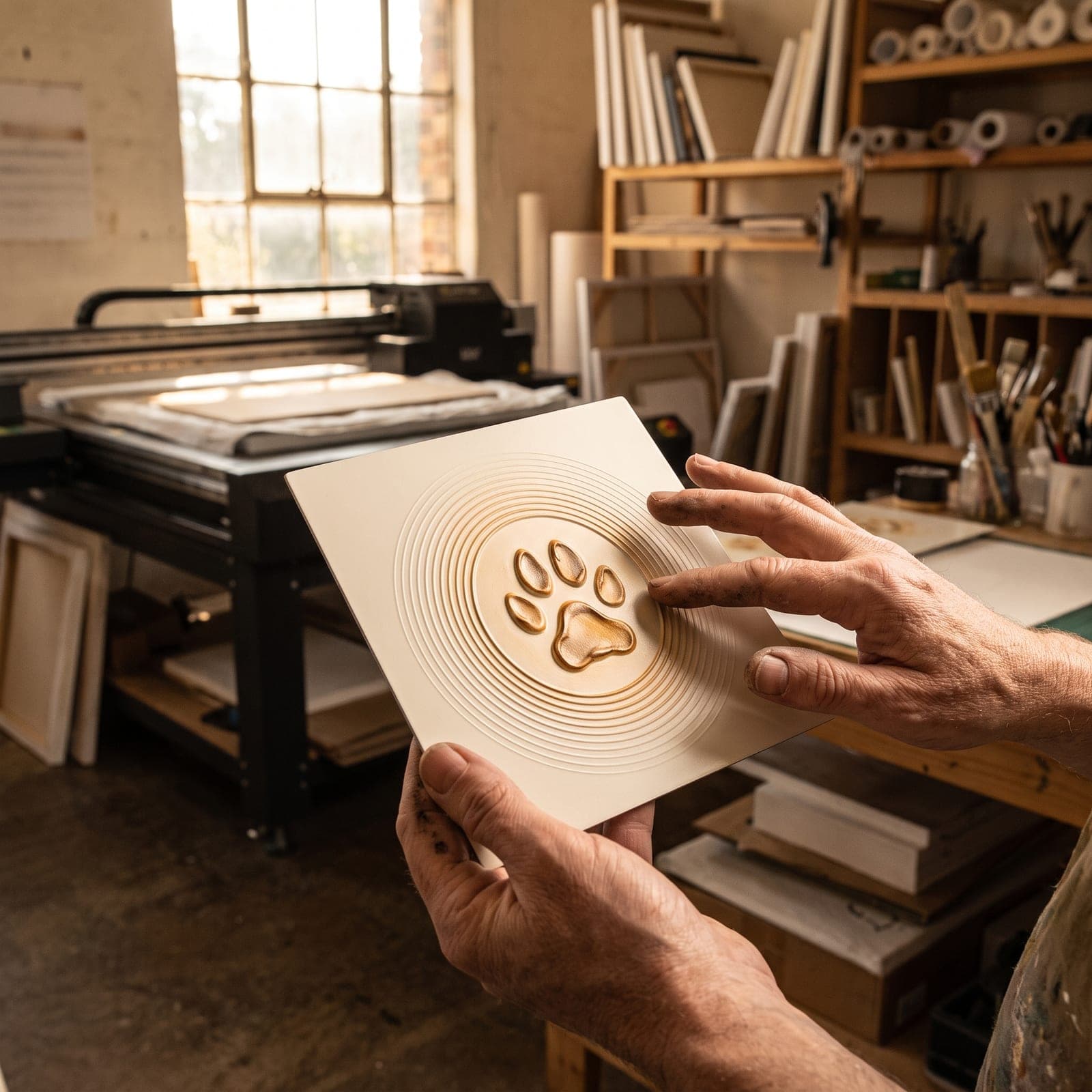Dans l'atelier, une artisane prépare une commande avec soin : l'œuvre est comparée à la photo originale de l'animal, gants blancs et emballage kraft à portée de main