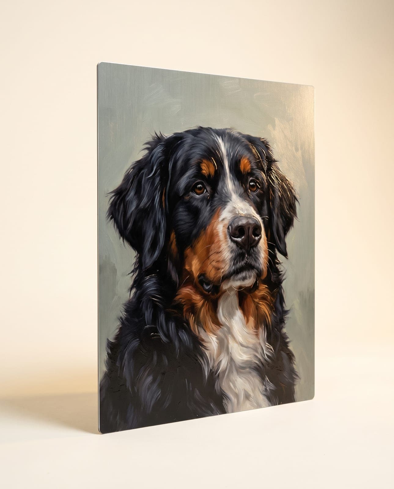 Portrait peint d'un bouvier bernois, imprimé UV sur plaque d'aluminium brossé
