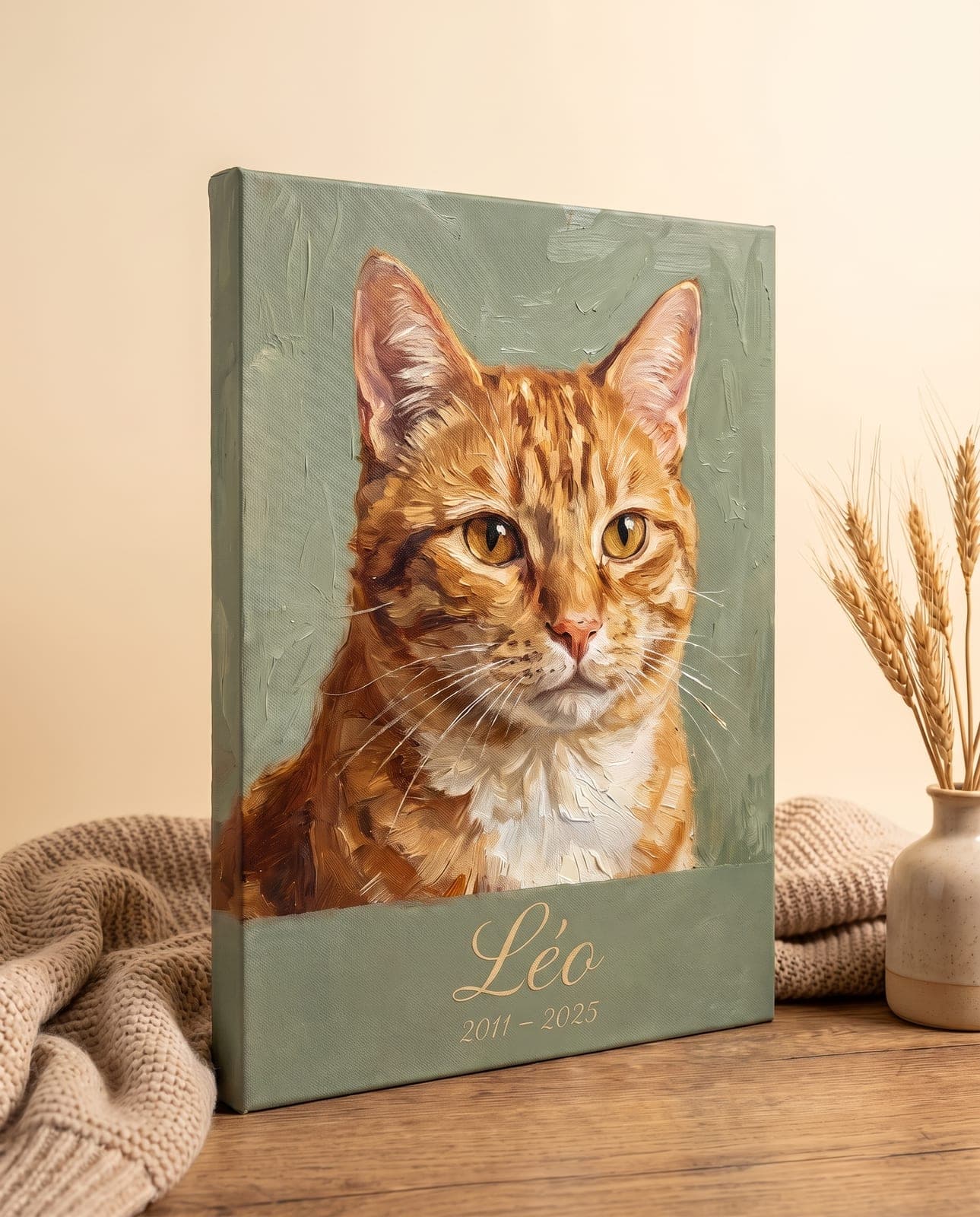Portrait à l'huile d'un chat roux sur toile d'artiste, avec la dédicace « Léo · 2011 – 2025 »
