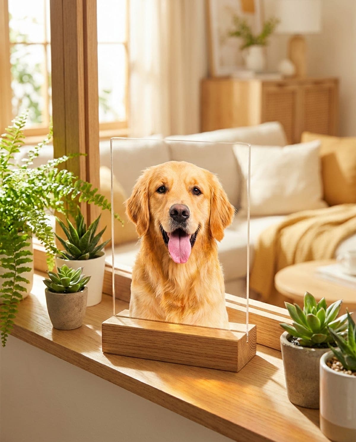 Plaque acrylique d'un golden retriever joyeux, langue sortie, sur socle de bois devant une fenêtre ensoleillée