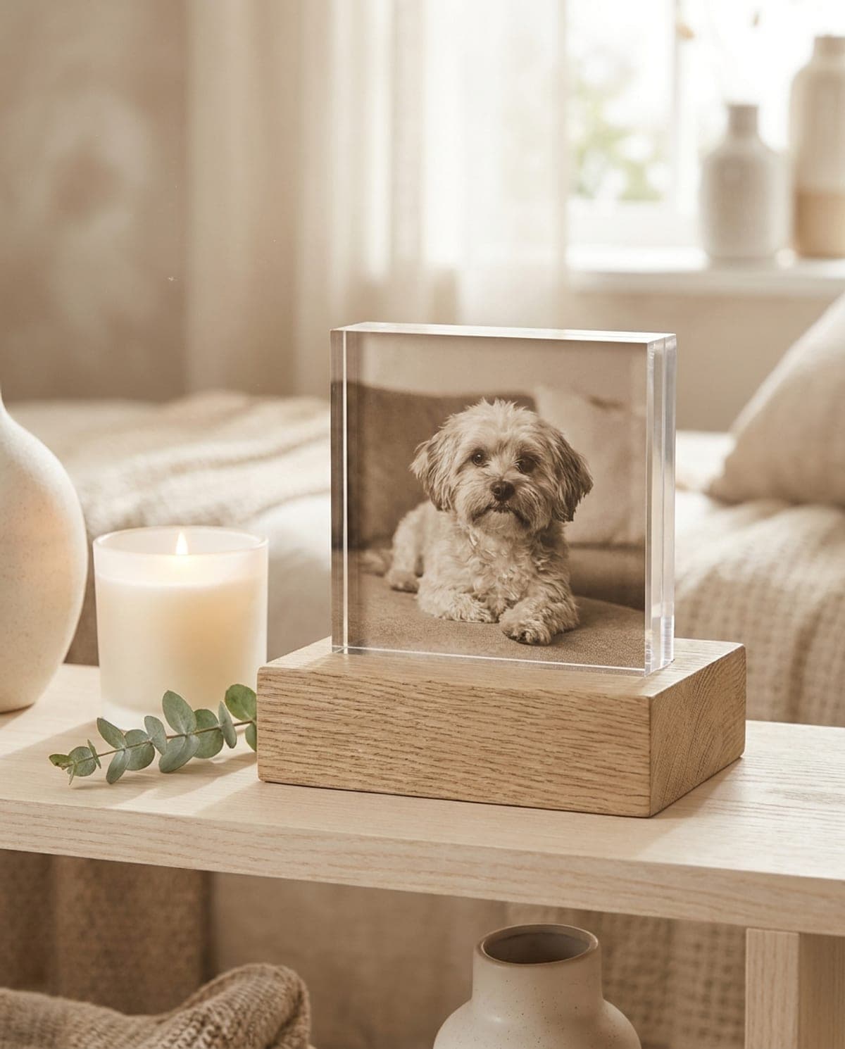 Plaque acrylique hommage d'un petit chien sur socle de bois, ambiance douce avec bougie et eucalyptus