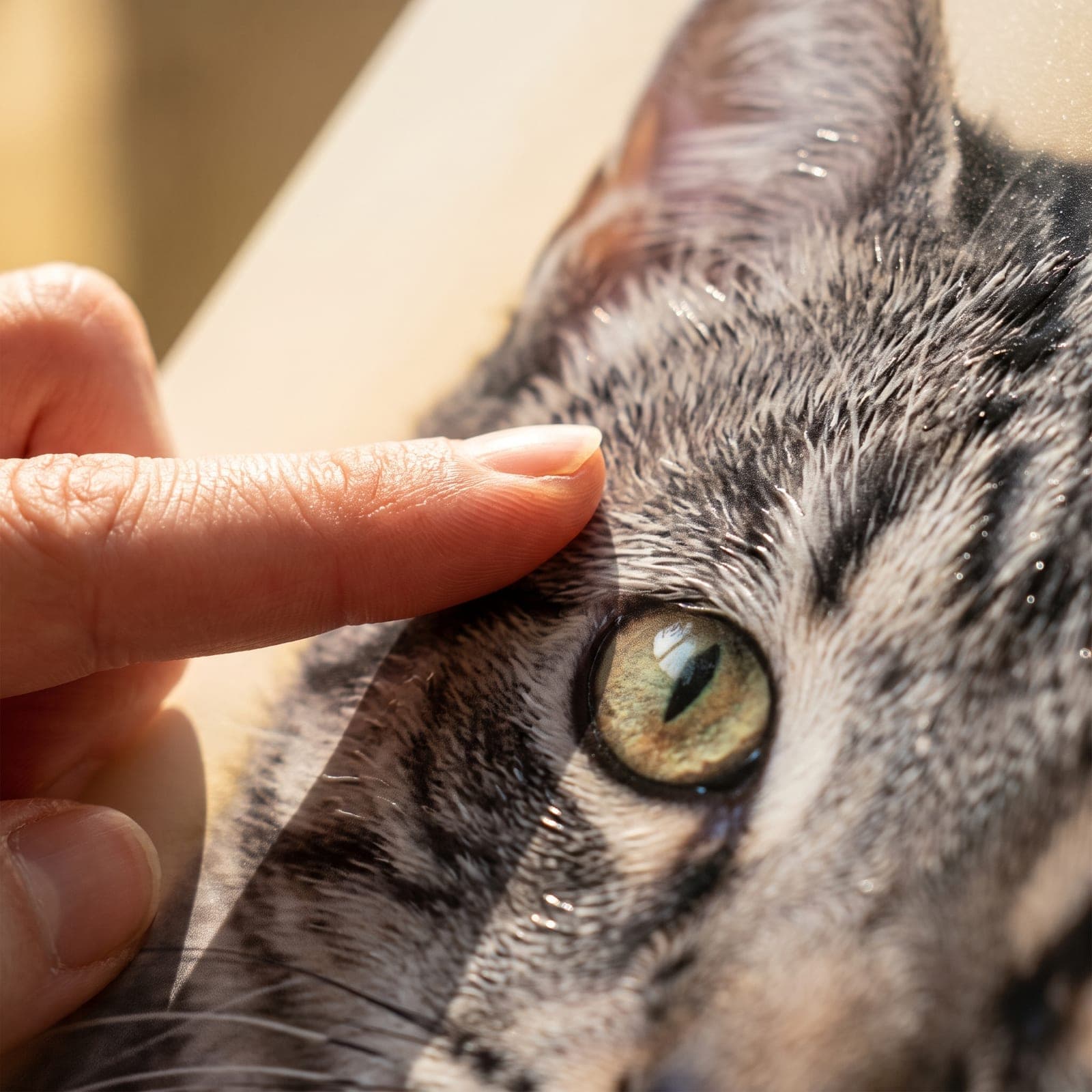 Bout du doigt caressant le relief 3D d'un portrait de chat imprimé UV — le pelage est texturé au toucher